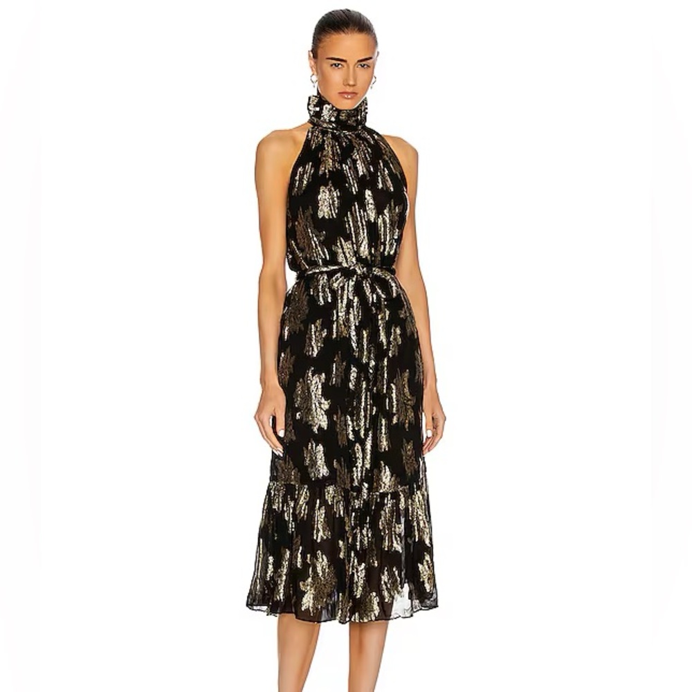 IRO Laza Black Gold Metallic Floral Halter Midi Dress Women's Size 36